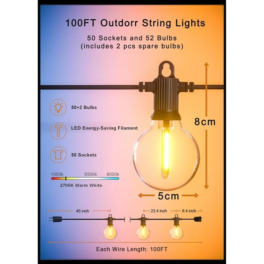 Outdoor String Lights Waterproof, 100FT LED Patio Lights with 50 Shatterproof...